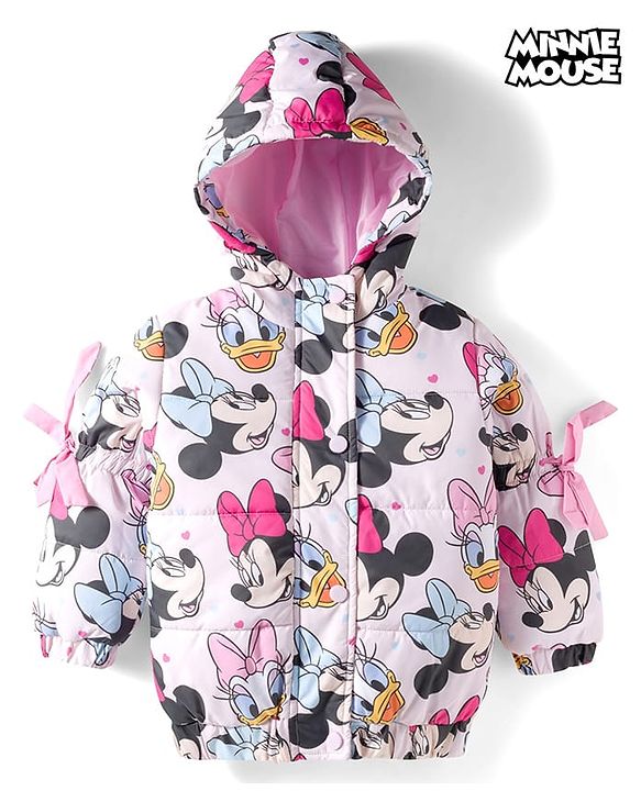 Babyhug Disney Woven Hooded Padded Winter Jacket With Full Sleeves and Minnie and Friends Graphic- Pink