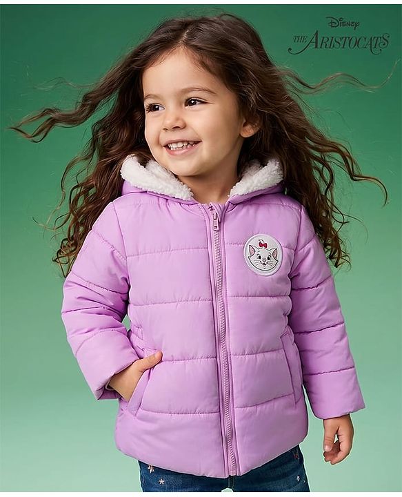 Babyhug Disney Woven Full Sleeves Hooded Padded Winter Jacket With Marie Badge - Lavender