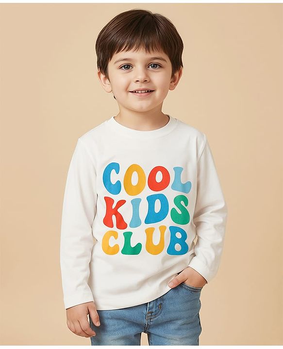 Babyhug 100% Cotton Knit Full Sleeves T-Shirt with Kool Kids Clubs Text Print - Offwhite