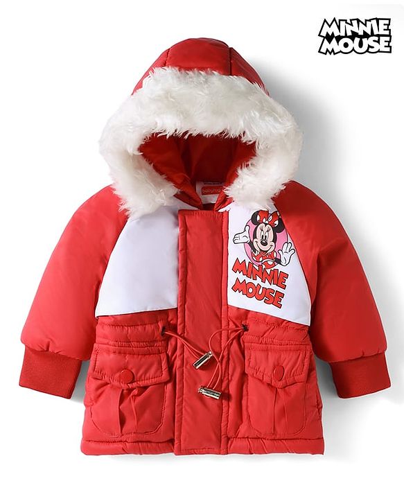 Babyhug Disney Woven Full Raglan Sleeves Hooded Padded Jacket with Minnie Mouse Print - Red