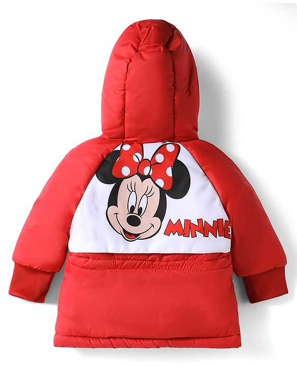 Babyhug Disney Woven Full Raglan Sleeves Hooded Padded Jacket with Minnie Mouse Print - Red