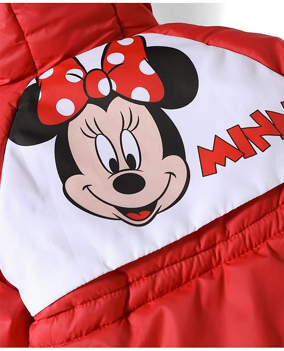 Babyhug Disney Woven Full Raglan Sleeves Hooded Padded Jacket with Minnie Mouse Print - Red