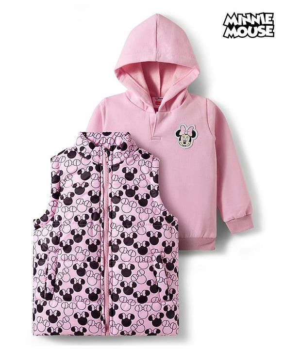 Babyhug Disney Fleece Woven  Full Sleeves Hooded Sweatshirt With Sleeveless Jacket & Minnie Mouse Graphic - Pink