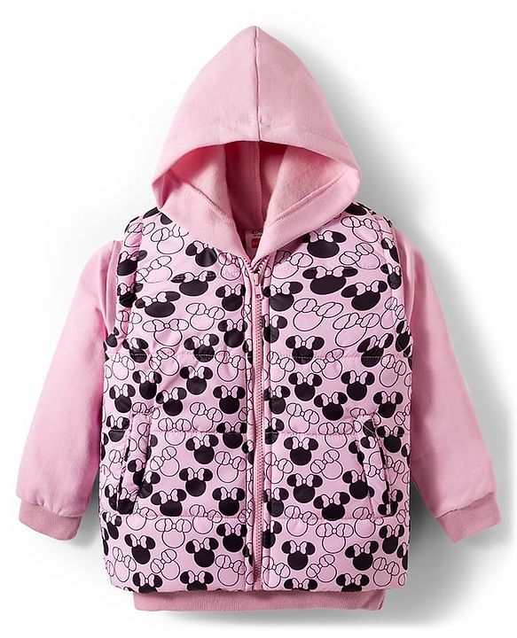 Babyhug Disney Fleece Woven  Full Sleeves Hooded Sweatshirt With Sleeveless Jacket & Minnie Mouse Graphic - Pink