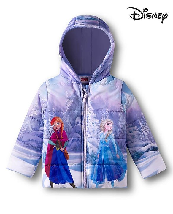 Babyhug Disney Woven Full Sleeves Padded Hooded Winter Jacket With Elsa & Anna Graphic - Purple