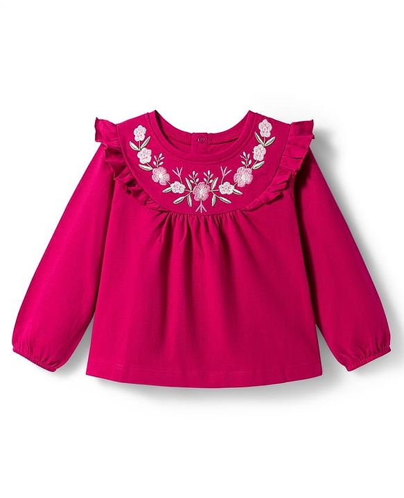 Babyhug 100% Cotton Single Jersey Knit Full Sleeves Top with Frill Detailing & Floral Embroidery -  Red