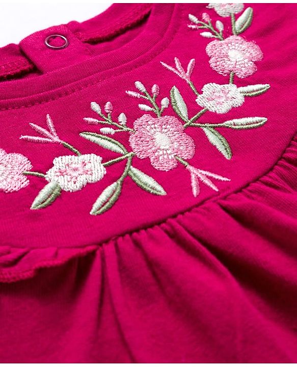 Babyhug 100% Cotton Single Jersey Knit Full Sleeves Top with Frill Detailing & Floral Embroidery -  Red
