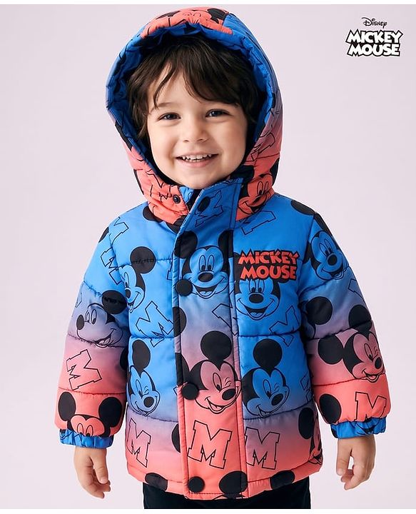 Babyhug Disney Woven Ombre Winter Jacket with Full Sleeves and Mickey Mouse Graphic - Blue