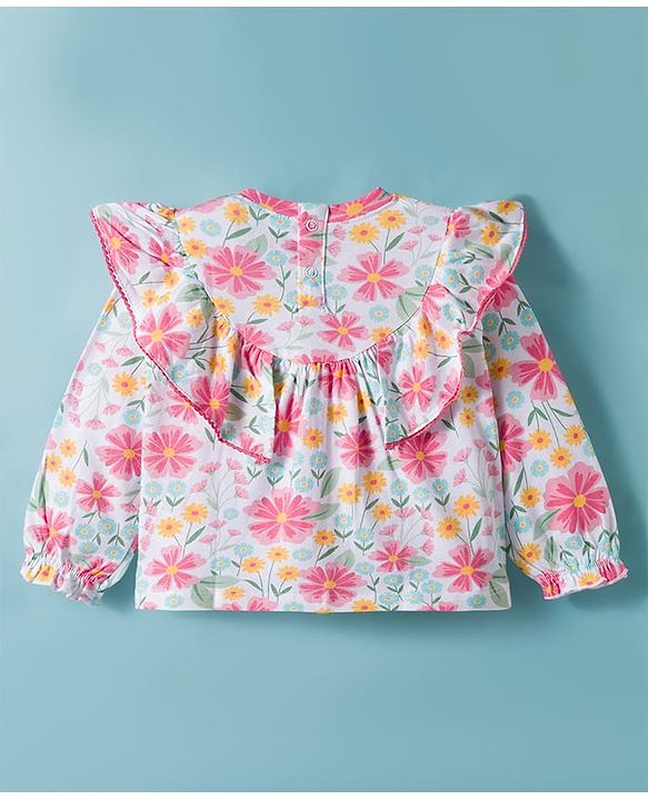 Babyhug 100% Cotton Single Jersey Knit Full Sleeves Top with Frill Detailing & Floral Print -Multicolour