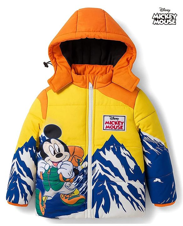 Babyhug Disney  Woven Hooded Padded/ Winter Jacket with Full Sleeves and Mickey Mouse Print - Yellow