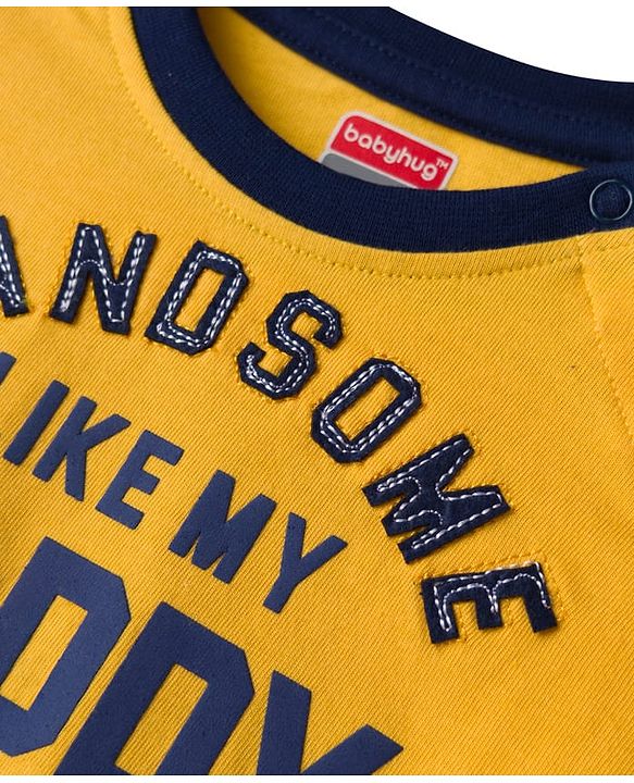 Babyhug 100% Cotton Knit Full Raglan Sleeves T-Shirt with Handsome Like My Daddy Text Print - Yellow & Navy
