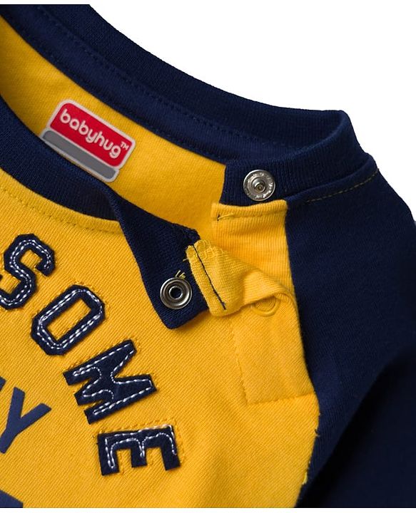 Babyhug 100% Cotton Knit Full Raglan Sleeves T-Shirt with Handsome Like My Daddy Text Print - Yellow & Navy