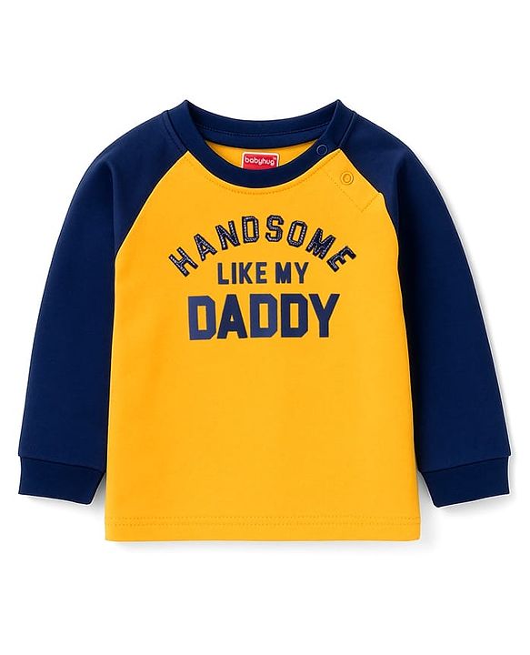Babyhug 100% Cotton Knit Full Raglan Sleeves T-Shirt with Handsome Like My Daddy Text Print - Yellow & Navy