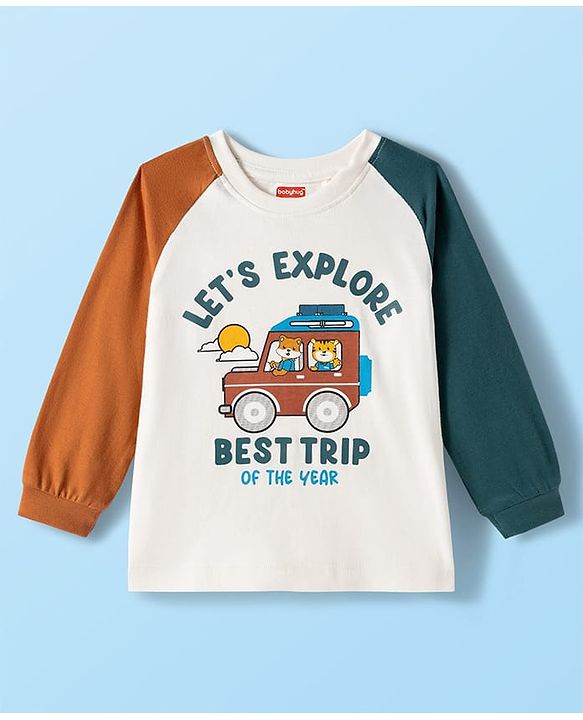 Babyhug 100% Cotton Knit Full Raglan Sleeves T-Shirt with Let's Explore Text & Vehicle Print - White & Dark Green