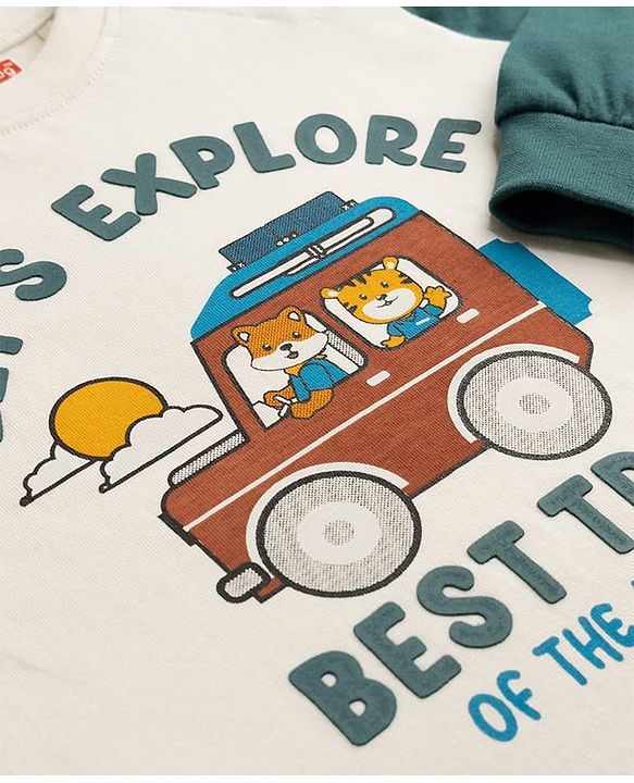 Babyhug 100% Cotton Knit Full Raglan Sleeves T-Shirt with Let's Explore Text & Vehicle Print - White & Dark Green