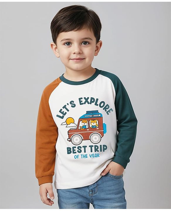 Babyhug 100% Cotton Knit Full Raglan Sleeves T-Shirt with Let's Explore Text & Vehicle Print - White & Dark Green