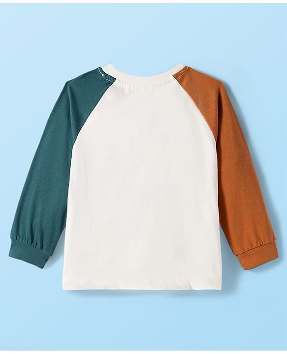Babyhug 100% Cotton Knit Full Raglan Sleeves T-Shirt with Let's Explore Text & Vehicle Print - White & Dark Green