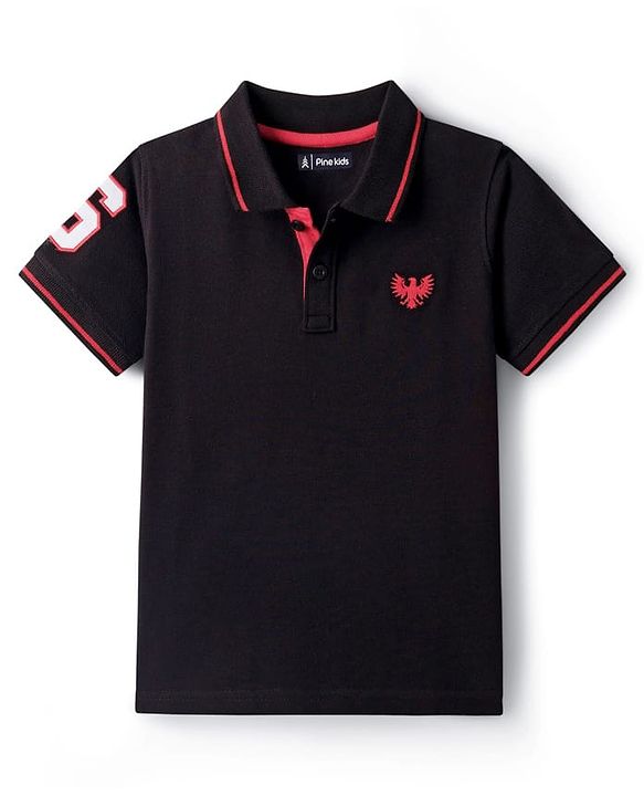 Pine Kids Cotton Knit Half Sleeves Polo T-Shirt with Number Embroidery - Black