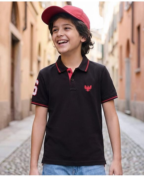 Pine Kids Cotton Knit Half Sleeves Polo T-Shirt with Number Embroidery - Black