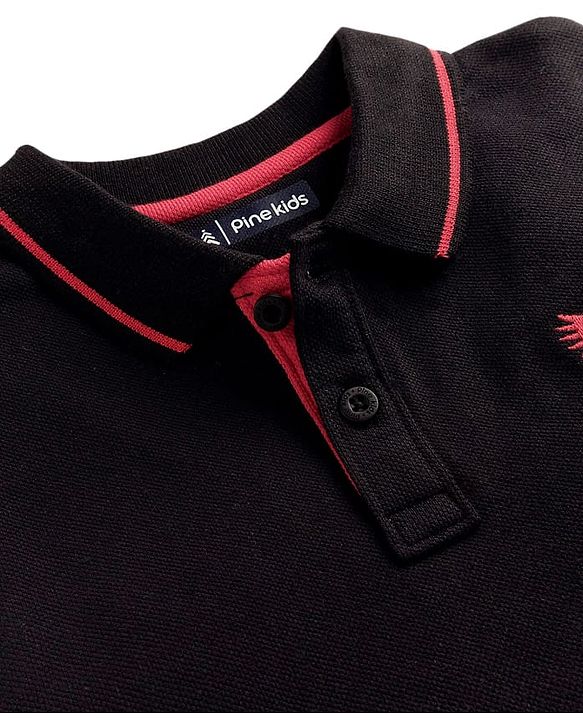 Pine Kids Cotton Knit Half Sleeves Polo T-Shirt with Number Embroidery - Black
