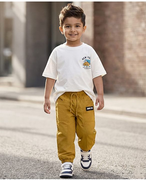 Babyhug Woven Full Length Solid Trouser With Stretch - Dark Yellow