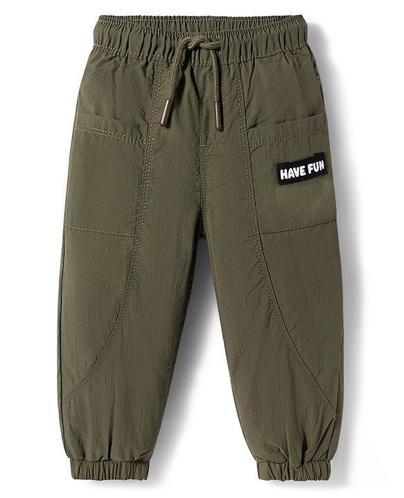Babyhug Woven Full Length Trouser With Stretch & Text Badge - Olive Green