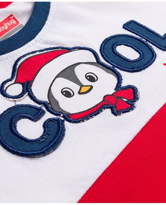 Babyhug 100% Cotton Knit Full Raglan Sleeves T-Shirt With Penguin Embroidery - Red & White