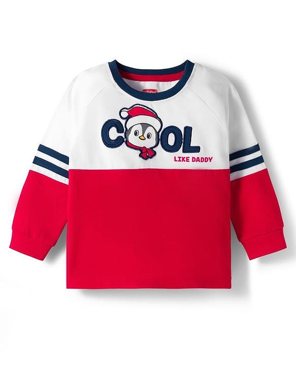 Babyhug 100% Cotton Knit Full Raglan Sleeves T-Shirt With Penguin Embroidery - Red & White