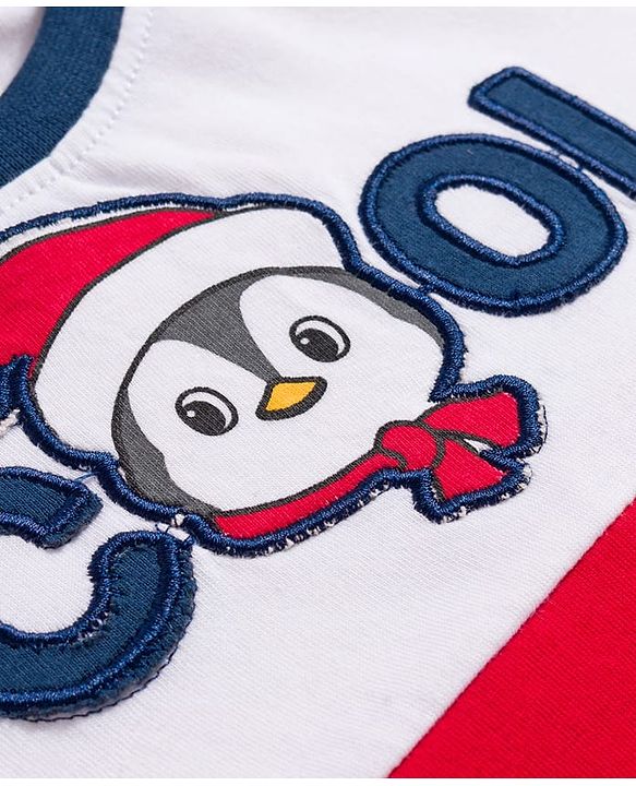 Babyhug 100% Cotton Knit Full Raglan Sleeves T-Shirt With Penguin Embroidery - Red & White