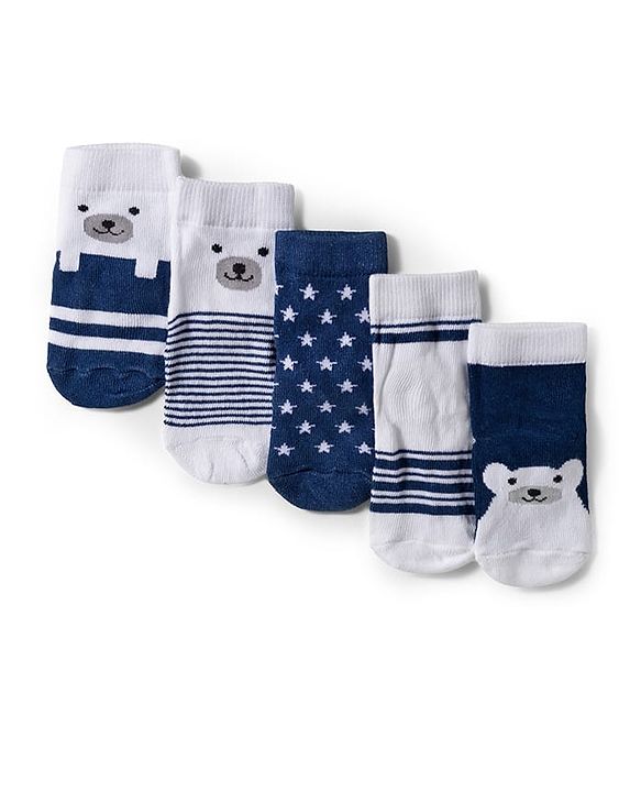 Cute Walk by Babyhug Knit Ankle Length Anti Bacterial Socks with Stripe Polka Dot & Teddy Design Pack of 5 - Grey & Navy Blue