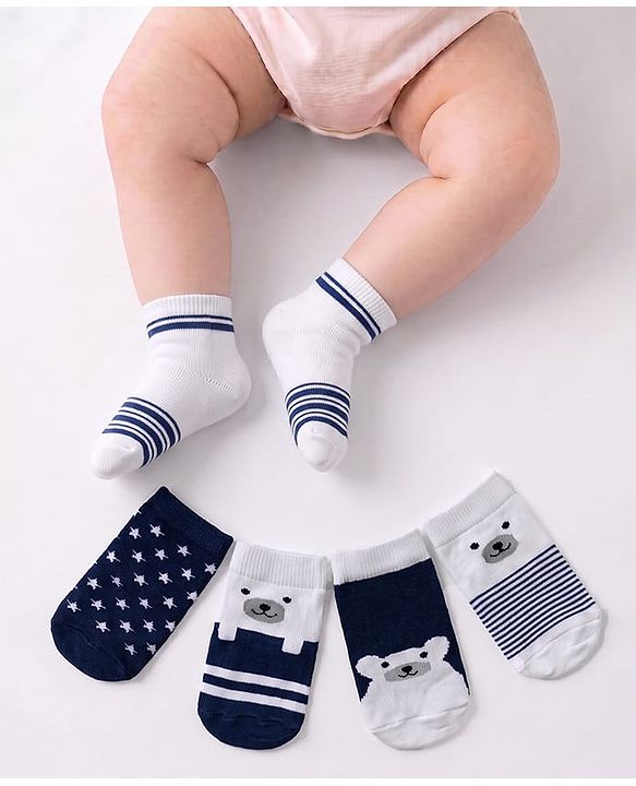Cute Walk by Babyhug Knit Ankle Length Anti Bacterial Socks with Stripe Polka Dot & Teddy Design Pack of 5 - Grey & Navy Blue