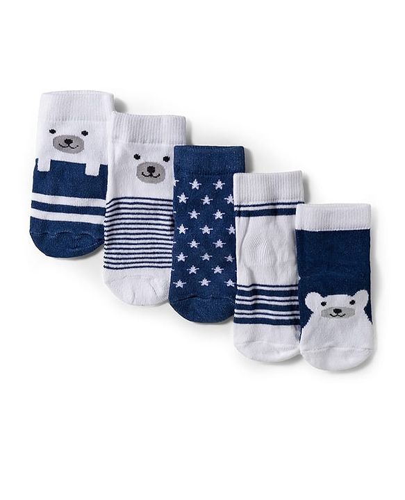 Cute Walk by Babyhug Knit Ankle Length Anti Bacterial Socks with Stripe Polka Dot & Teddy Design Pack of 5 - Grey & Navy Blue