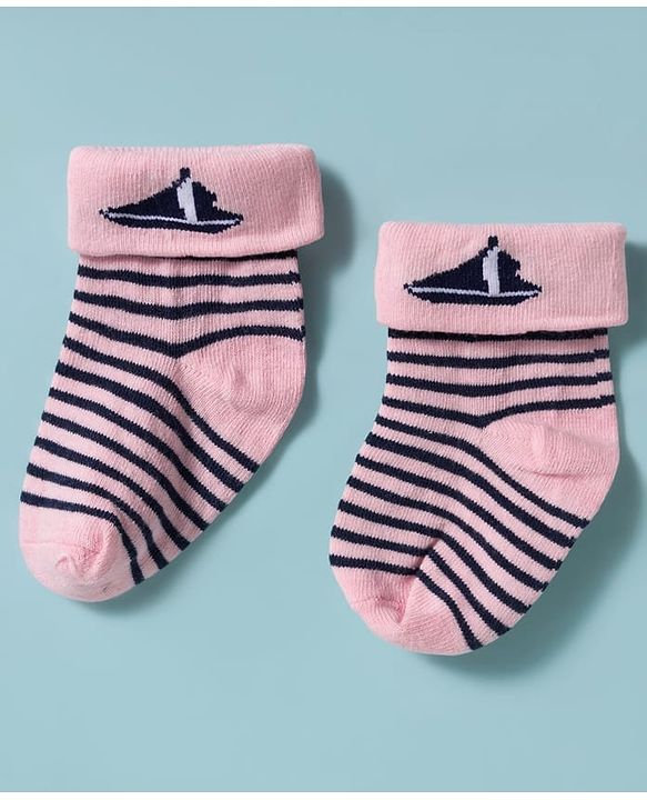 Cute Walk by Babyhug Knit Ankle Length Antibacterial Socks with Stripes Pack of 3 - Pink White & Navy Blue