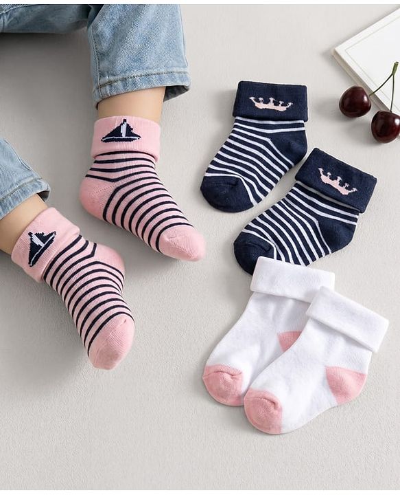 Cute Walk by Babyhug Knit Ankle Length Antibacterial Socks with Stripes Pack of 3 - Pink White & Navy Blue