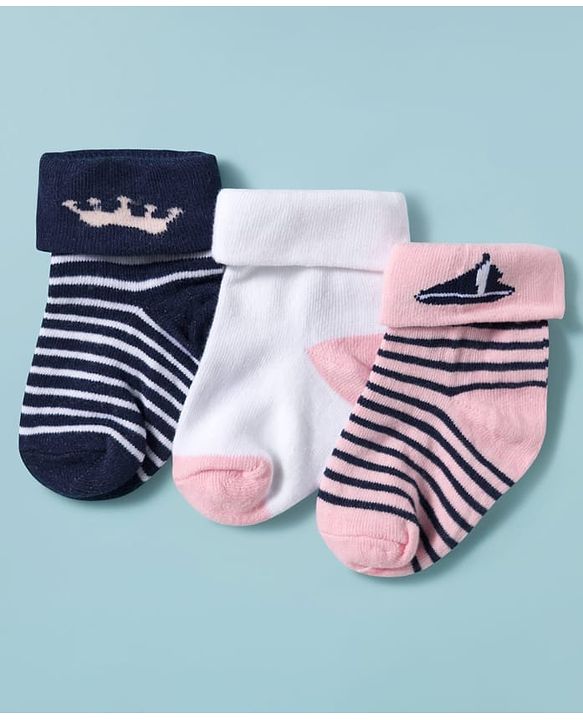 Cute Walk by Babyhug Knit Ankle Length Antibacterial Socks with Stripes Pack of 3 - Pink White & Navy Blue