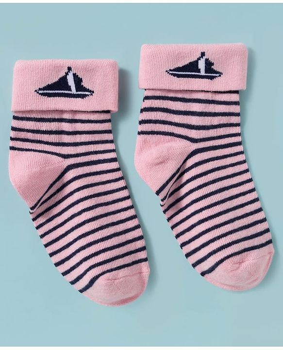 Cute Walk by Babyhug Knit Ankle Length Antibacterial Socks with Stripes Pack of 3 - Pink White & Navy Blue