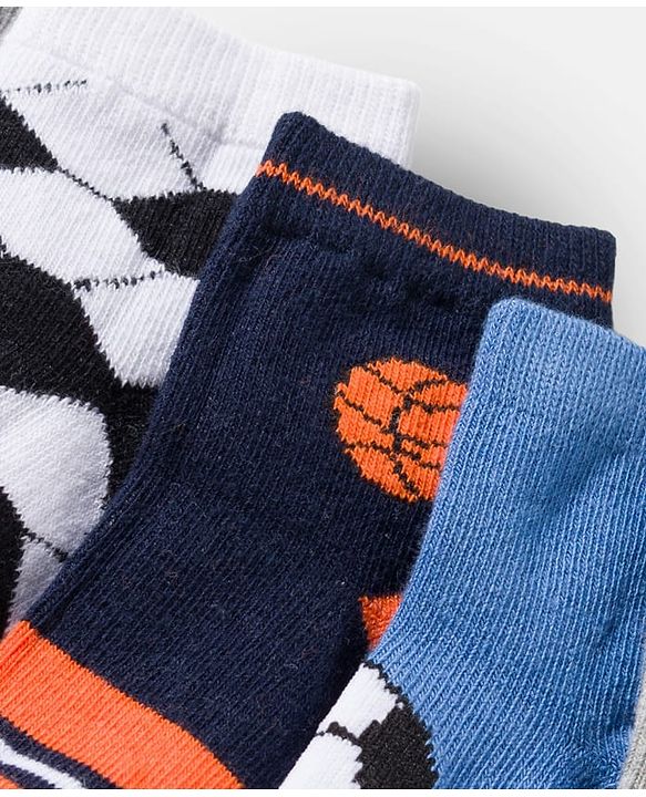 Cute Walk by Babyhug Knit Ankle Length Anti Bacterial Socks with Stripes & Football Design Pack of 7-  White Grey & Navy Blue