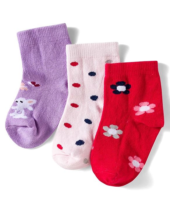 Cute Walk by Babyhug Knit Ankle Length Anitbacterial Socks With Floral Design Pack Of 3 - Purple Pink & Red