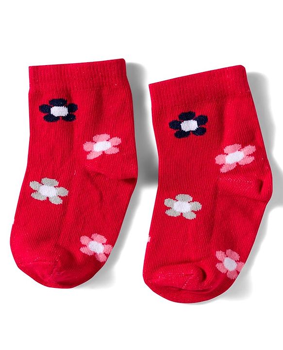 Cute Walk by Babyhug Knit Ankle Length Anitbacterial Socks With Floral Design Pack Of 3 - Purple Pink & Red