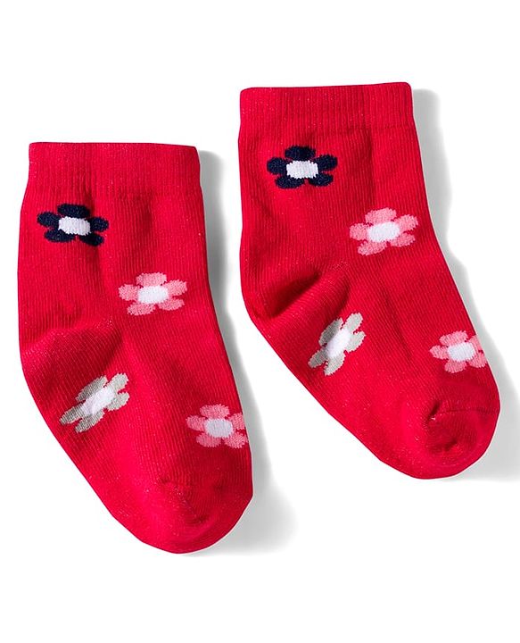 Cute Walk by Babyhug Knit Ankle Length Anitbacterial Socks With Floral Design Pack Of 3 - Purple Pink & Red