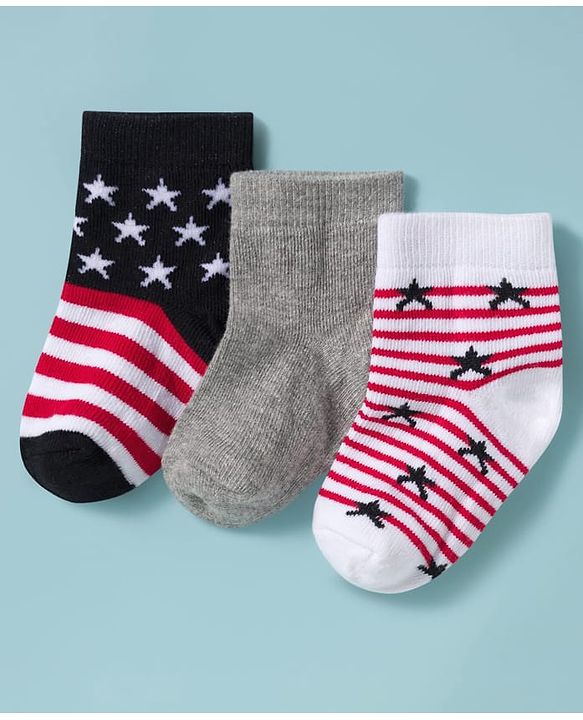 Cute Walk by Babyhug Knit Ankle Length Antibacterial Socks with Star Design & Stripes Pack of 3 - Multicolor