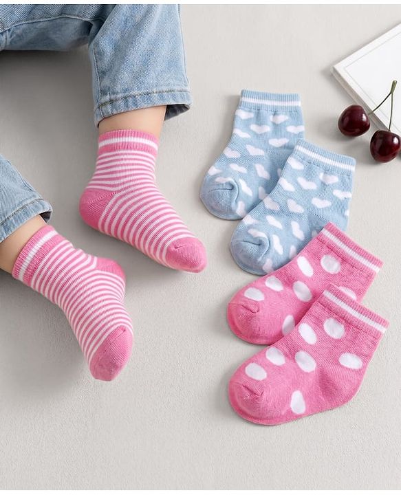Cute Walk by Babyhug Knit Ankle Length Anti-Bacterial Striped Socks Heart & Polka Dot Design Pack Of 3 - Pink &
