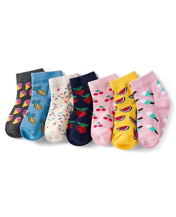 Cutewalk by Babyhug Knit Ankle Length Anti Bacterial Socks With Strawberry Design Pack Of 7 - Multicolour