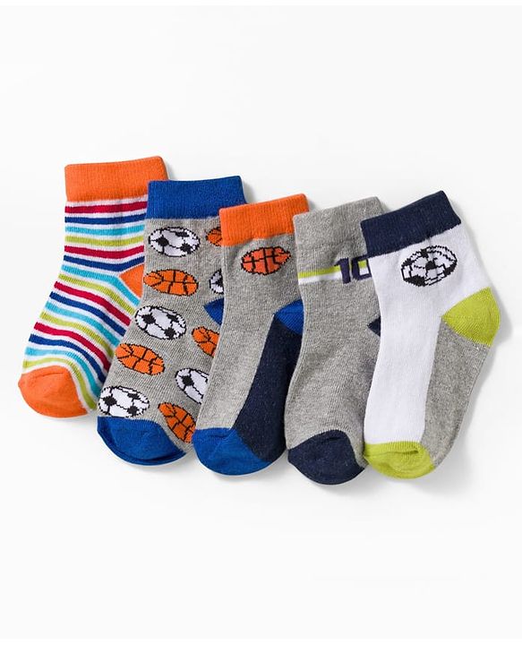 Cute Walk by Babyhug Knit Ankle Length Anti Bacterial Socks with Stripes & Football Design Pack of 5- Grey & White