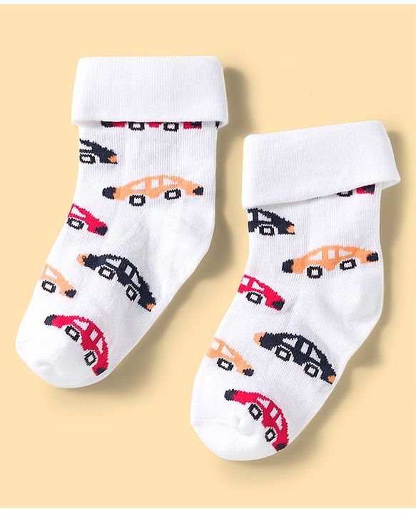 Cute Walk by Babyhug Knit Ankle Length Anti Bacterial Socks with Stripes & Vehicle Design Pack of 3 - Blue Grey & White