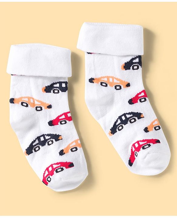 Cute Walk by Babyhug Knit Ankle Length Anti Bacterial Socks with Stripes & Vehicle Design Pack of 3 - Blue Grey & White