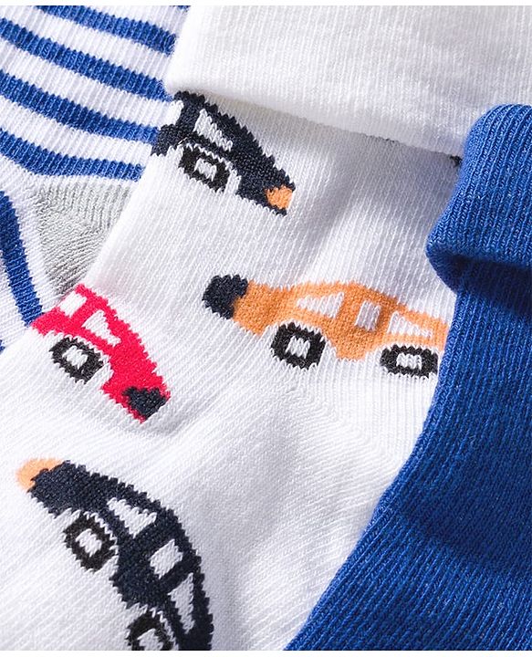 Cute Walk by Babyhug Knit Ankle Length Anti Bacterial Socks with Stripes & Vehicle Design Pack of 3 - Blue Grey & White