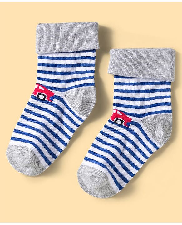 Cute Walk by Babyhug Knit Ankle Length Anti Bacterial Socks with Stripes & Vehicle Design Pack of 3 - Blue Grey & White