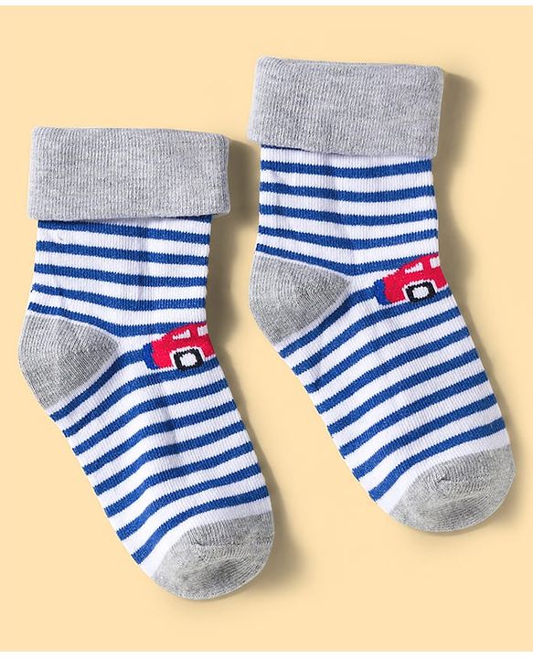 Cute Walk by Babyhug Knit Ankle Length Anti Bacterial Socks with Stripes & Vehicle Design Pack of 3 - Blue Grey & White