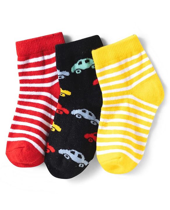 Cute Walk by Babyhug Knit Ankle Length Anti Bacterial Socks with Stripes & Car Design Pack of 3 - Yellow Black & Red